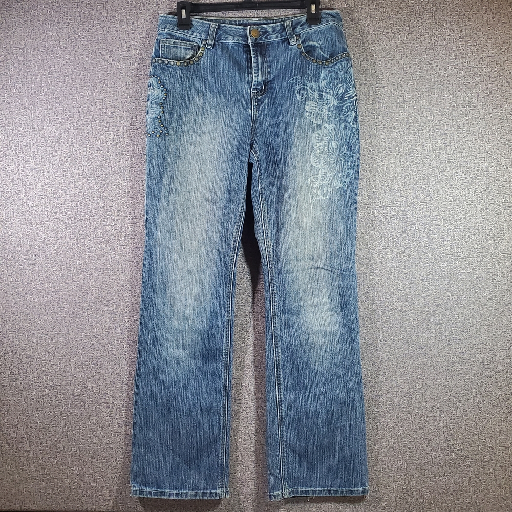 Baccini Light Blue Straight Leg Jeans with Floral Pattern and Nailhead Accents
